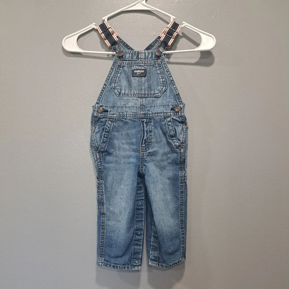 OshKosh B'gosh Kids Blue‎ Denim Vestbak Overalls 12-18M Carpenter Stripe Kidcore